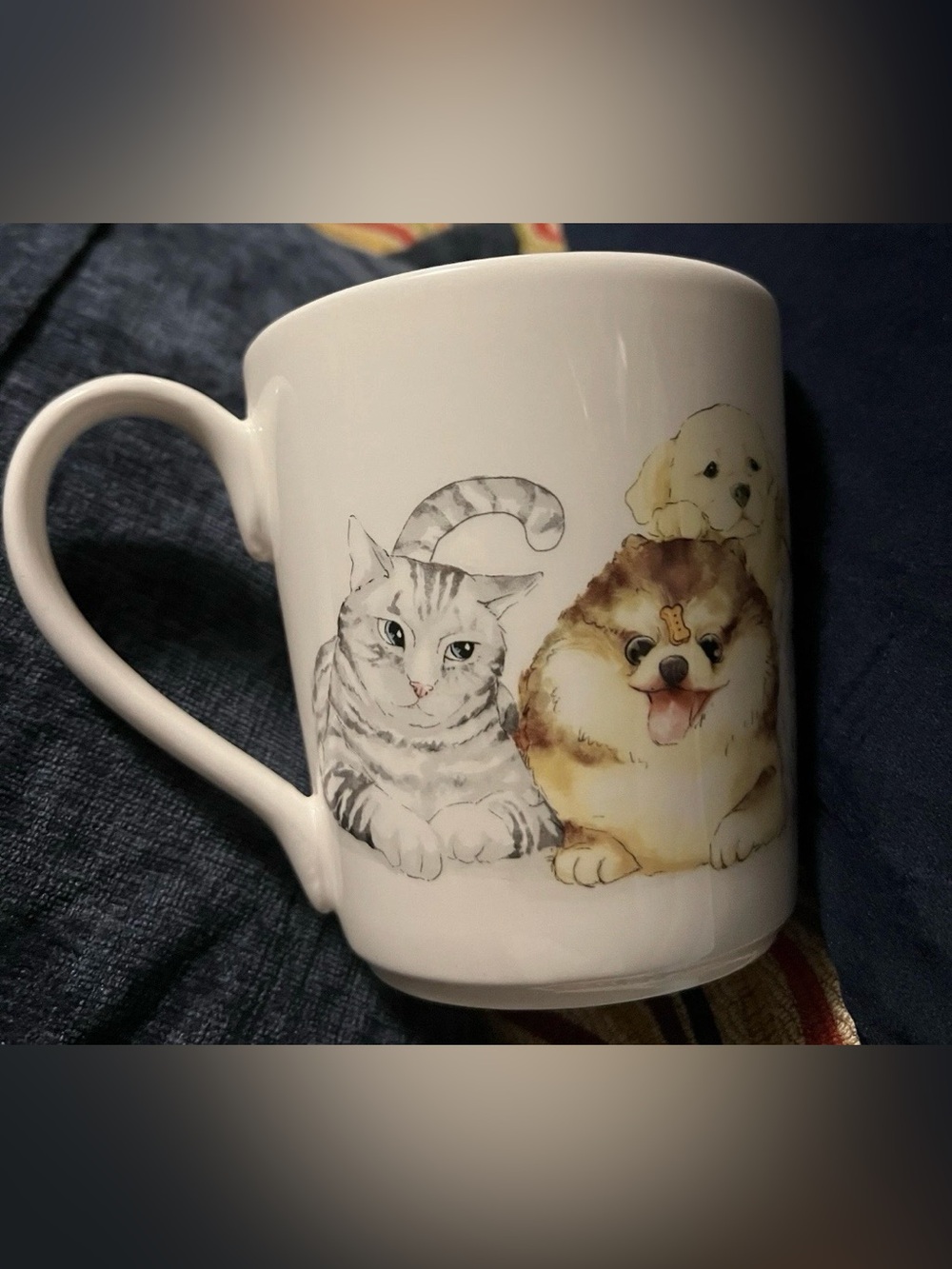 Pier 1 Imports Coffee Mug Cup Dogs & Cats Pets Headphones Ironstone Large 16 Oz